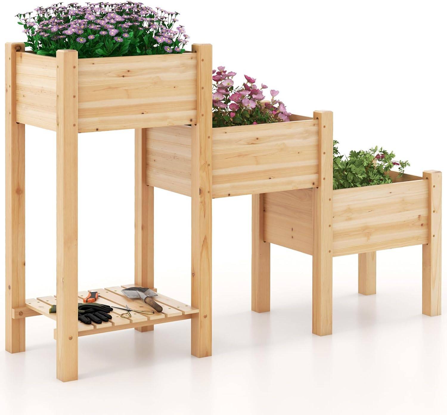 Jardinière sur Pieds en Bois à 3 Niveaux, Lit de Jardin Surélevé avec Étagère (161 x 43 x 104 cm) - Image 1