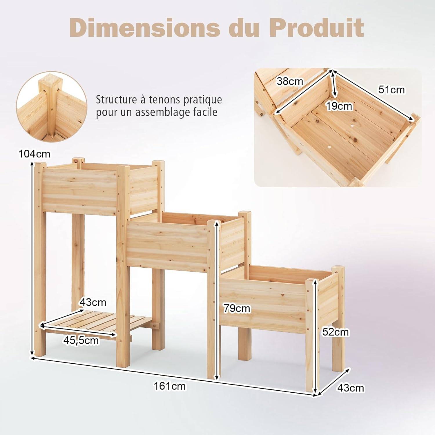 Jardinière sur Pieds en Bois à 3 Niveaux, Lit de Jardin Surélevé avec Étagère (161 x 43 x 104 cm) - Image 4