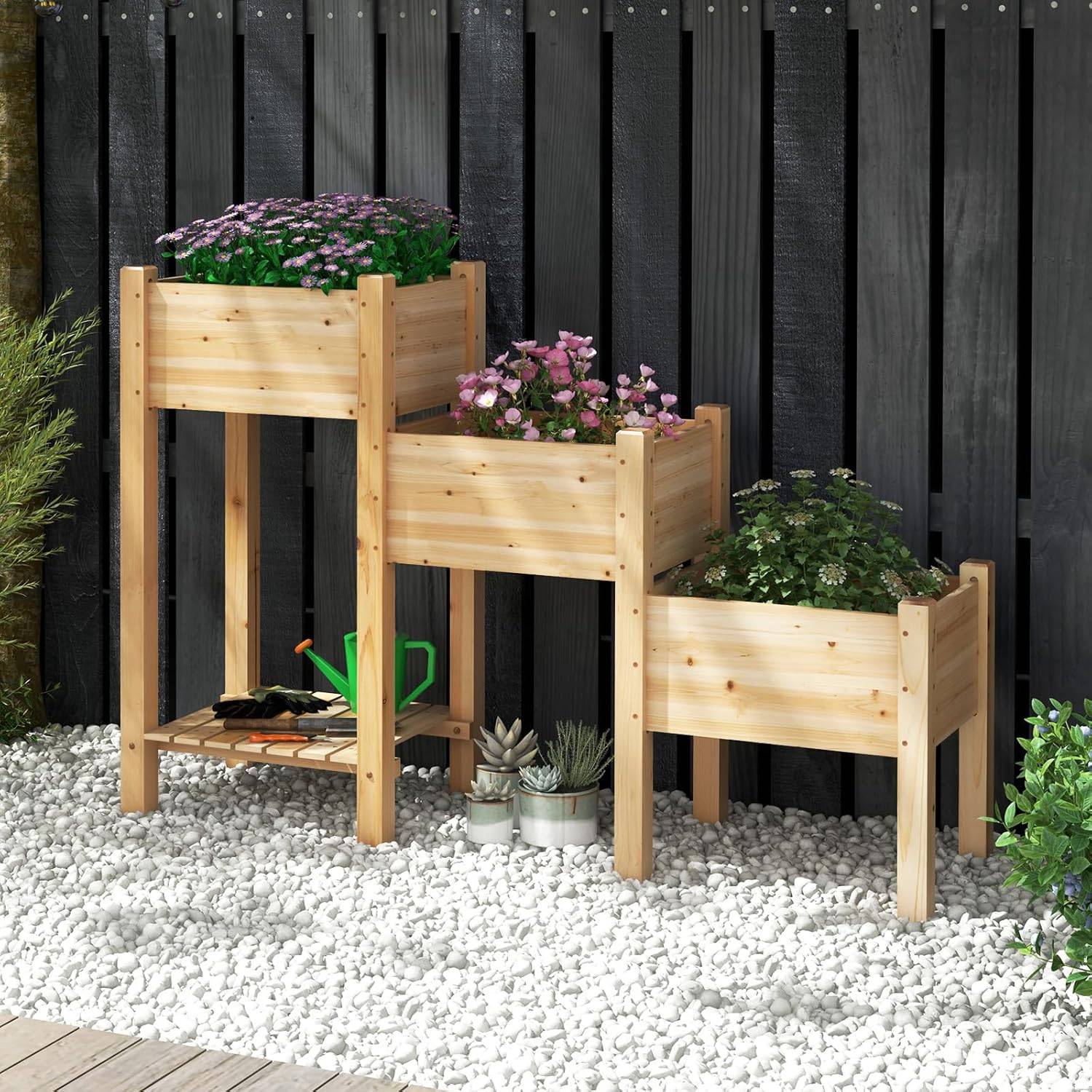 Jardinière sur Pieds en Bois à 3 Niveaux, Lit de Jardin Surélevé avec Étagère (161 x 43 x 104 cm) - Image 9