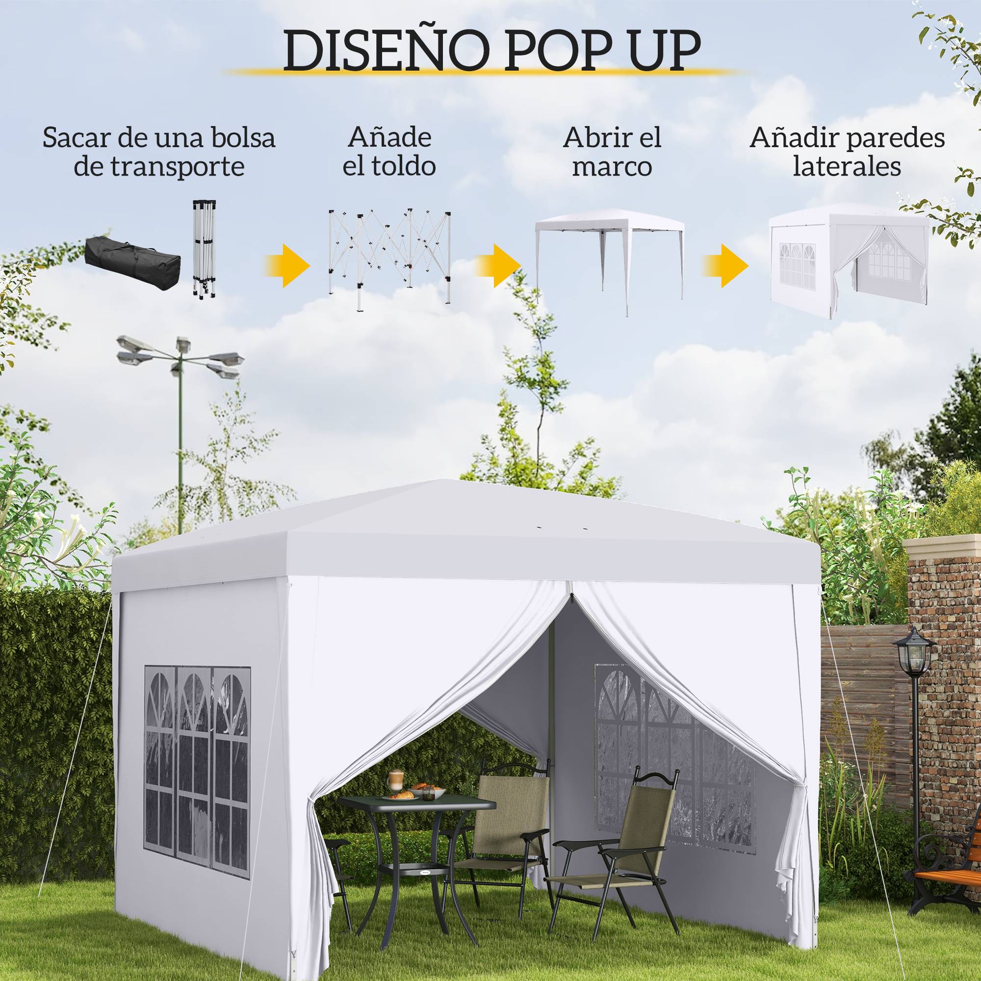 Tonnelle pliante à 4 parois amovibles, 3 x 3 m, avec sac de transport, imperméable et résistante aux UV, blanche. - Image 6