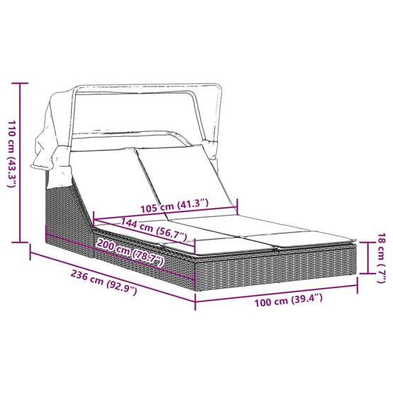 Chaise longue | Transat | Bain de soleil double avec auvent et coussins marron poly rotin - Image 8