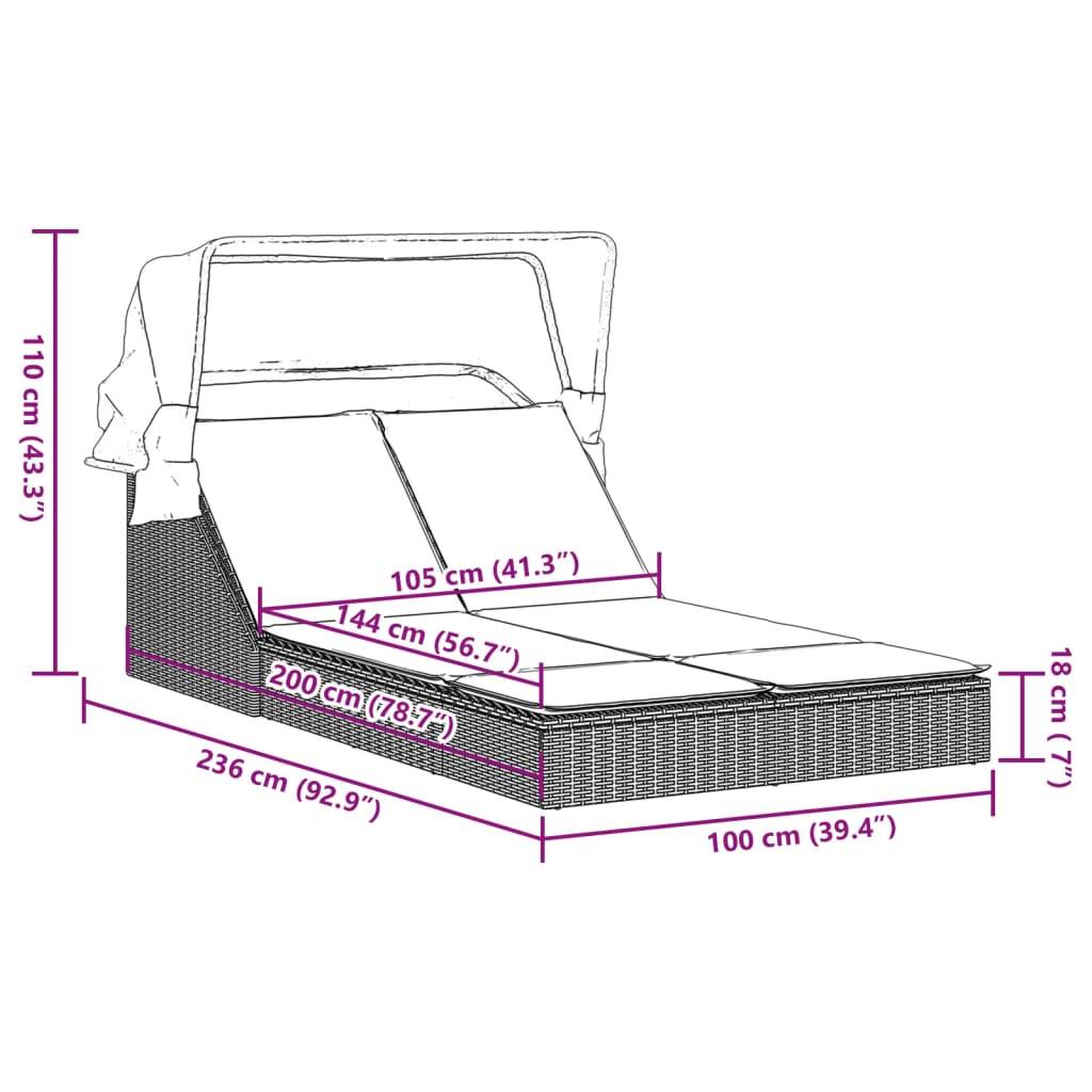 Chaise longue | Transat | Bain de soleil double avec auvent et coussins marron poly rotin - Image 8