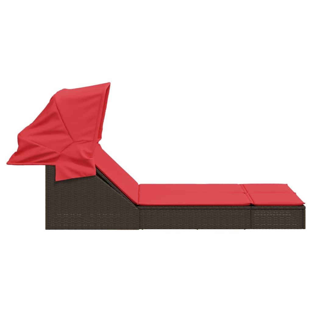 Chaise longue | Transat | Bain de soleil double avec auvent et coussins marron poly rotin - Image 4