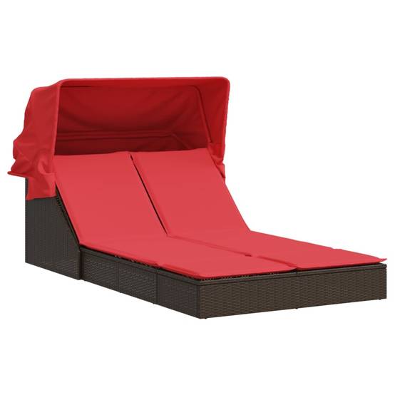 Chaise longue | Transat | Bain de soleil double avec auvent et coussins marron poly rotin - Image 1