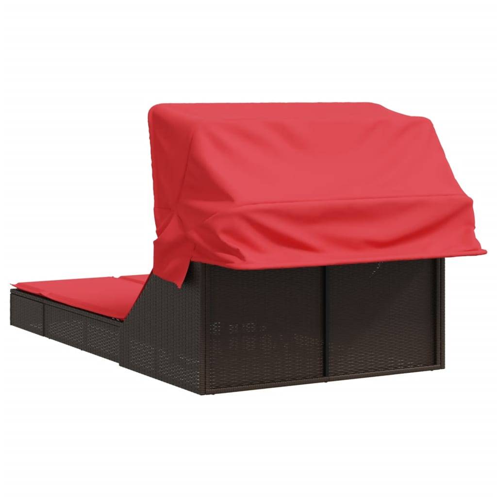 Chaise longue | Transat | Bain de soleil double avec auvent et coussins marron poly rotin - Image 5