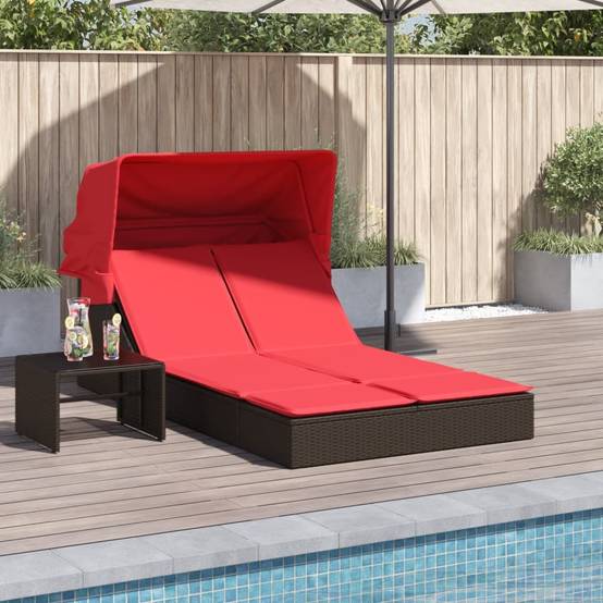 Chaise longue | Transat | Bain de soleil double avec auvent et coussins marron poly rotin - Image 2
