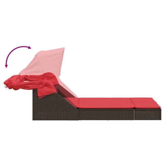 Chaise longue | Transat | Bain de soleil double avec auvent et coussins marron poly rotin - Image 6