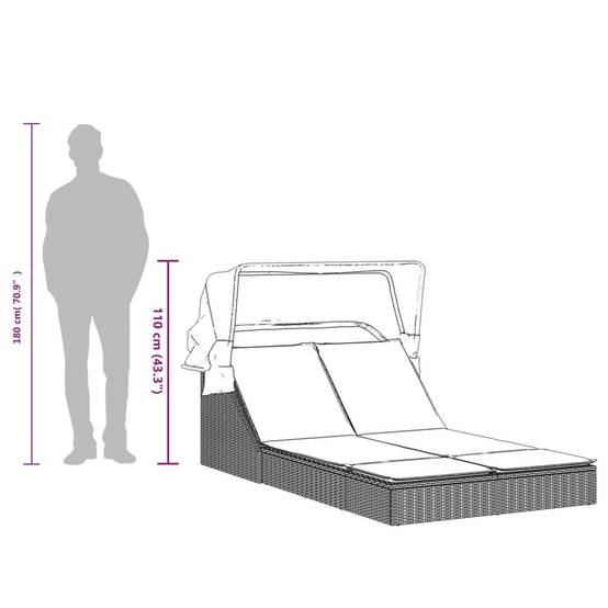 Chaise longue | Transat | Bain de soleil double avec auvent et coussins marron poly rotin - Image 9