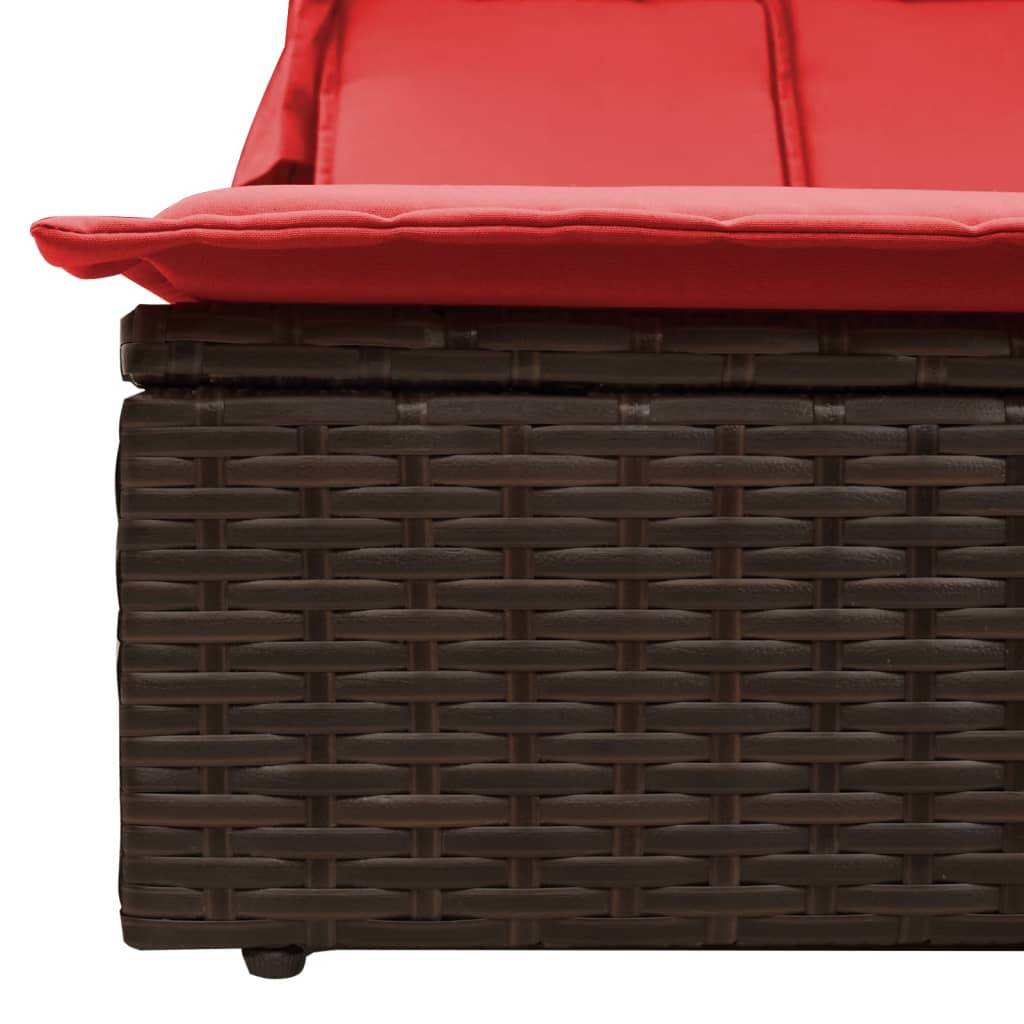 Chaise longue | Transat | Bain de soleil double avec auvent et coussins marron poly rotin - Image 7