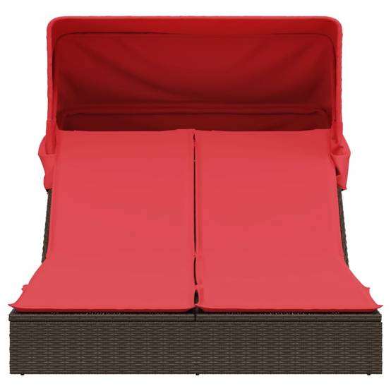 Chaise longue | Transat | Bain de soleil double avec auvent et coussins marron poly rotin - Image 3