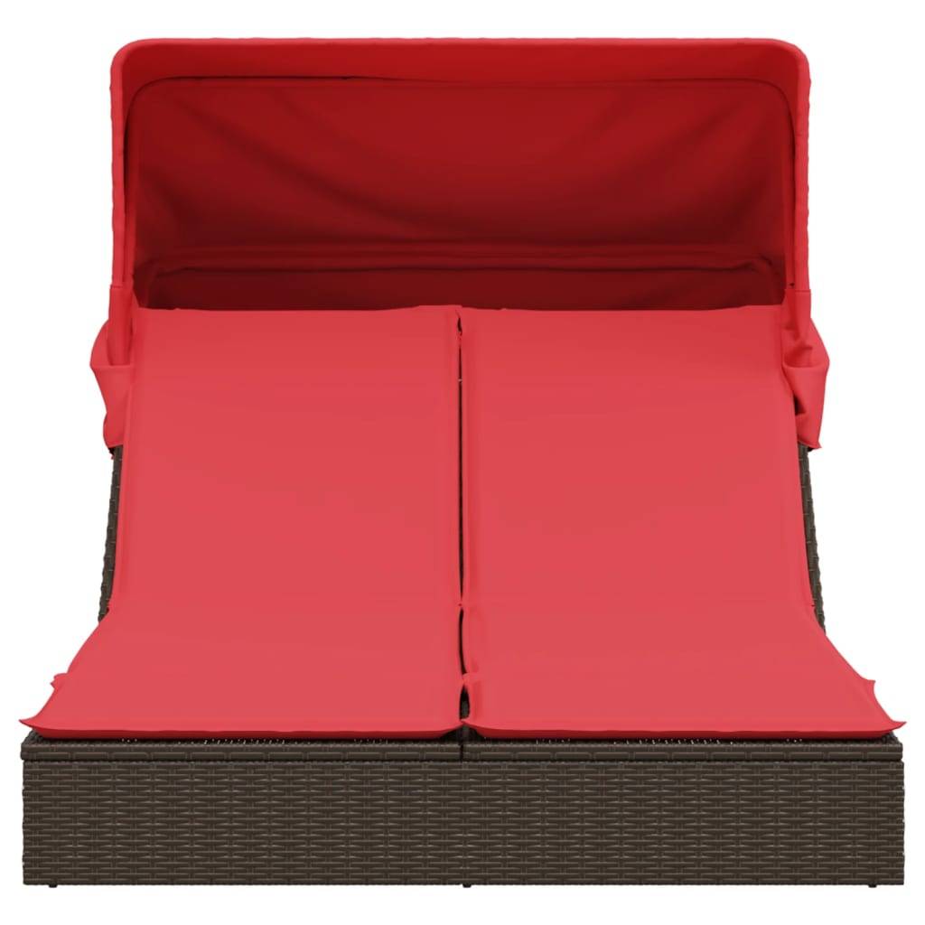 Chaise longue | Transat | Bain de soleil double avec auvent et coussins marron poly rotin - Image 3
