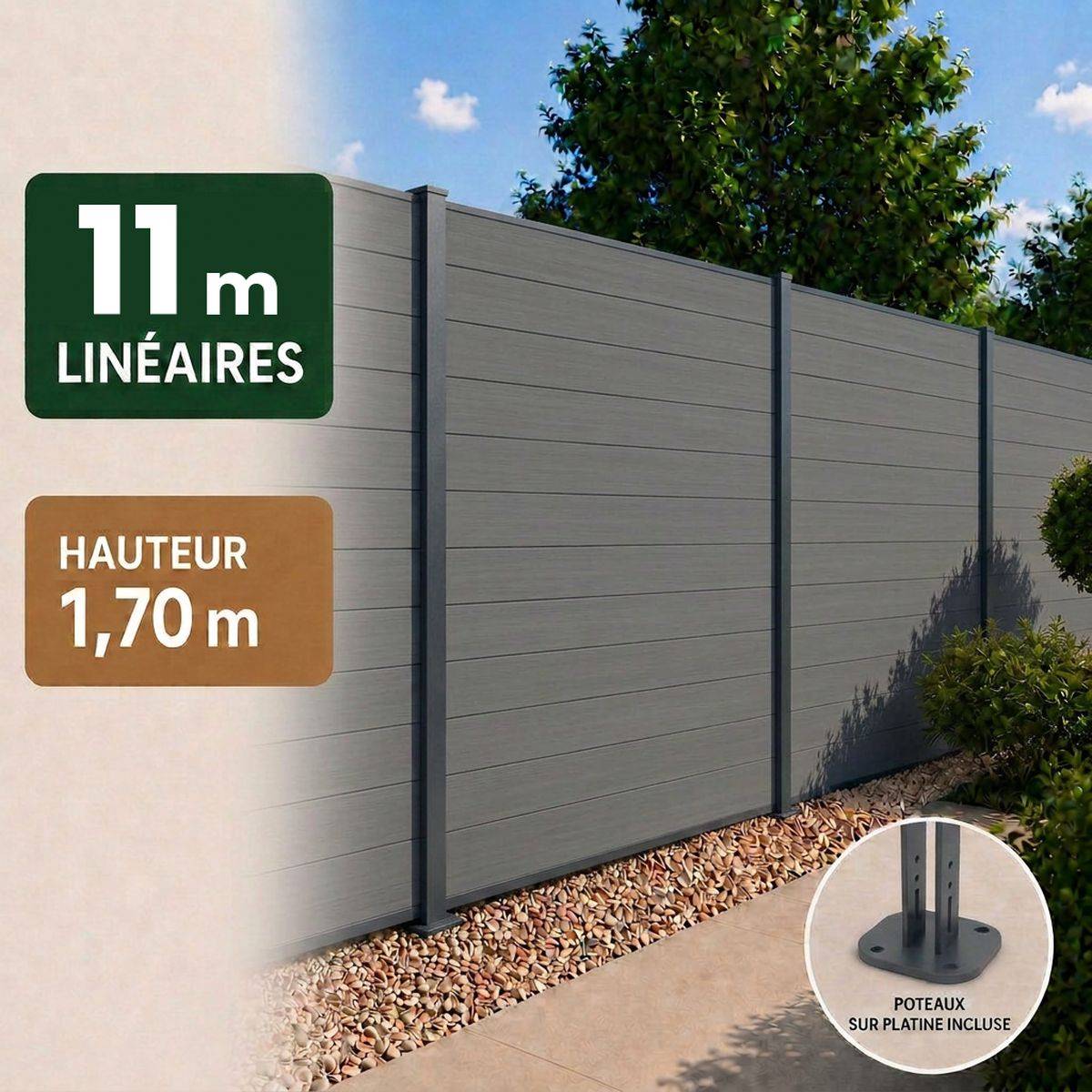 Direct Abris - Kit clôture RECIFE Bois Composite ardoise 10,87m poteau 60x70mm gris sur platines 1,7m - Image 1