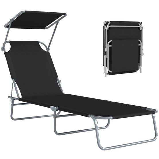 Transat pliable métal pour plage avec pare-soleil réglable 187x58x36cm noir - ComfortXL Outdoor Living - Image 1