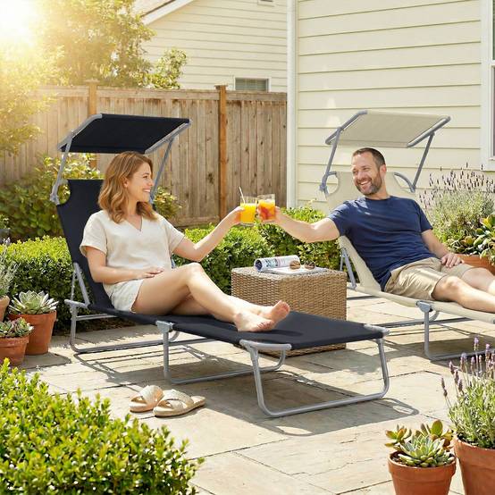 Transat pliable métal pour plage avec pare-soleil réglable 187x58x36cm noir - ComfortXL Outdoor Living - Image 4