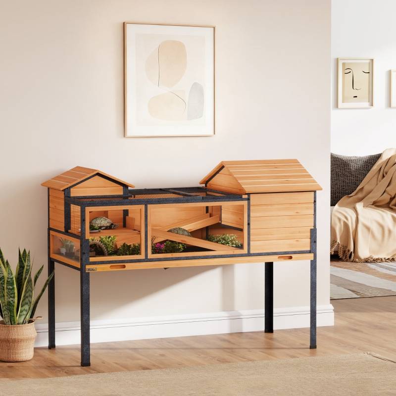 ComfortXL - Enclos Tortue et Petits Animaux Bois sur Pieds 2 Niveaux 128x63x96cm Jaune - ComfortXL Outdoor Living - Image 2