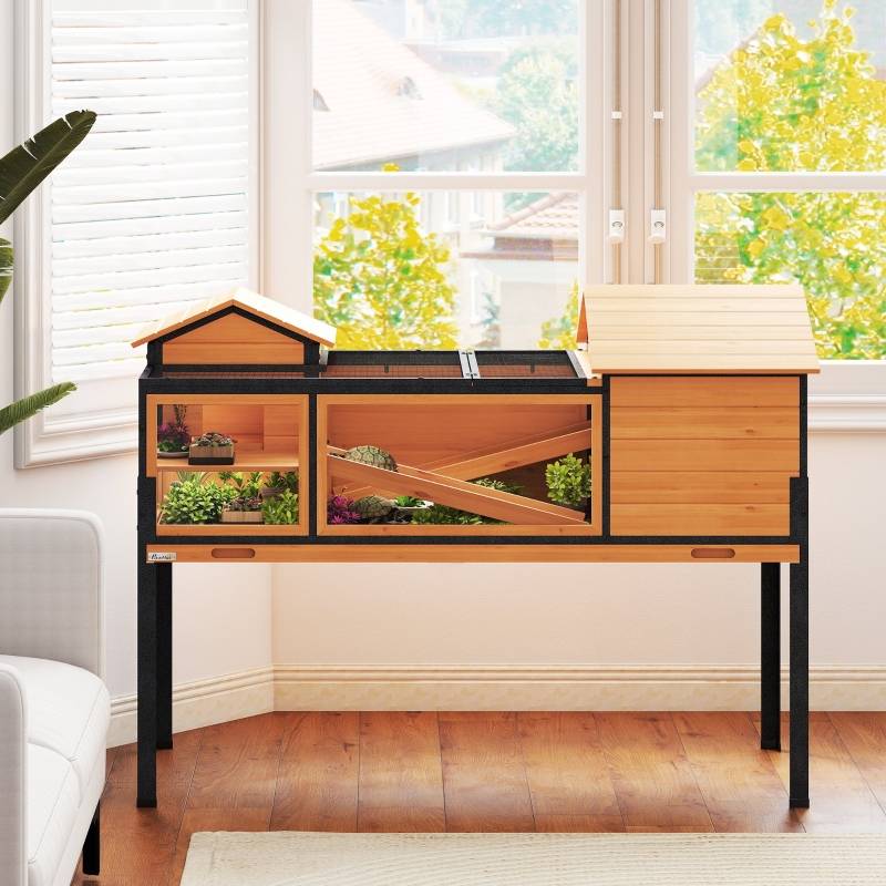 ComfortXL - Enclos Tortue et Petits Animaux Bois sur Pieds 2 Niveaux 128x63x96cm Jaune - ComfortXL Outdoor Living - Image 8