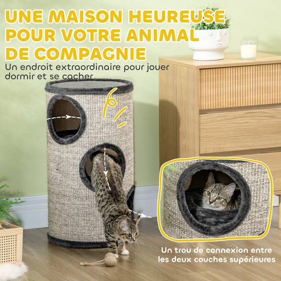 Tonneau à gratter chat sisal peluche tour 3 niveaux jeu et repos 38x70cm gris clair - ComfortXL Outdoor Living - Image 6