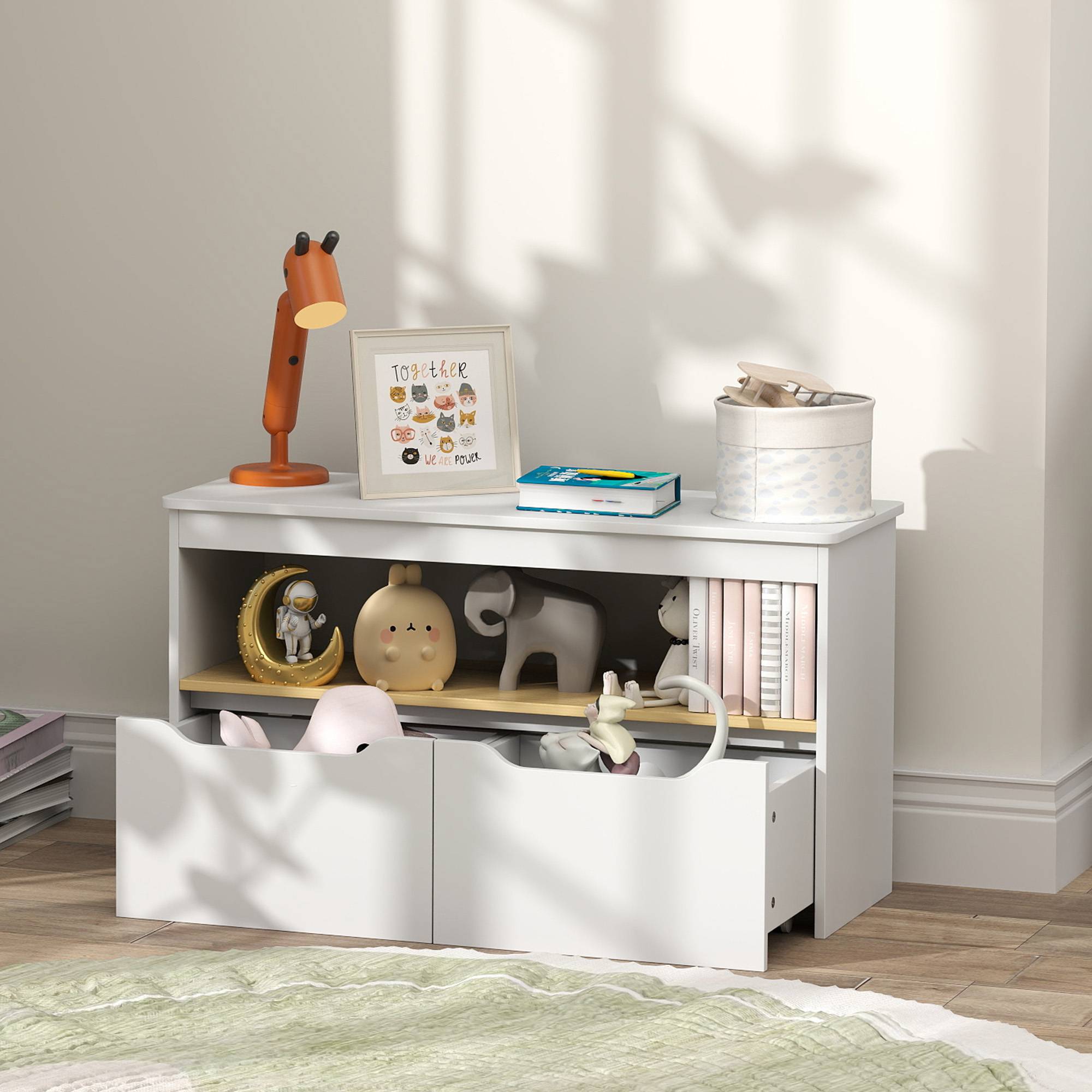 Étagère à jouets pour enfants avec 2 tiroirs et un compartiment pour salon, chambre ou salle de jeux, 80 x 30 x 45 cm, blanche - Image 4