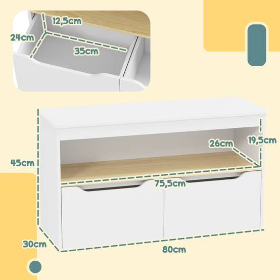 Étagère à jouets pour enfants avec 2 tiroirs et un compartiment pour salon, chambre ou salle de jeux, 80 x 30 x 45 cm, blanche - Image 5