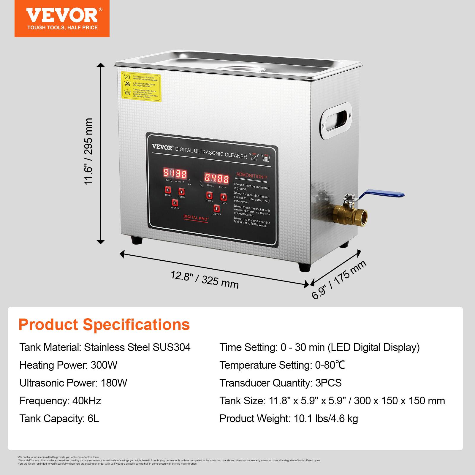 VEVOR Nettoyeur ultrasons 6L inox numérique, chauffage, réglable temps/température, labo/pro. - Image 7