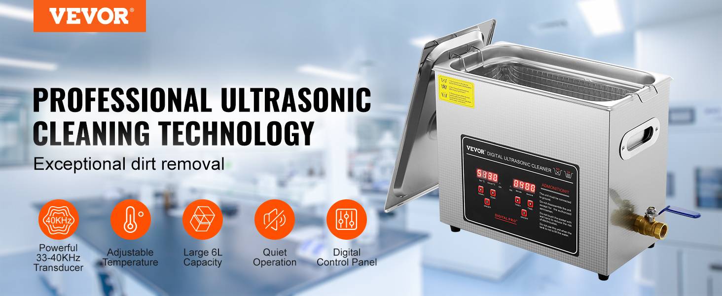VEVOR Nettoyeur ultrasons 6L inox numérique, chauffage, réglable temps/température, labo/pro. - Image 9
