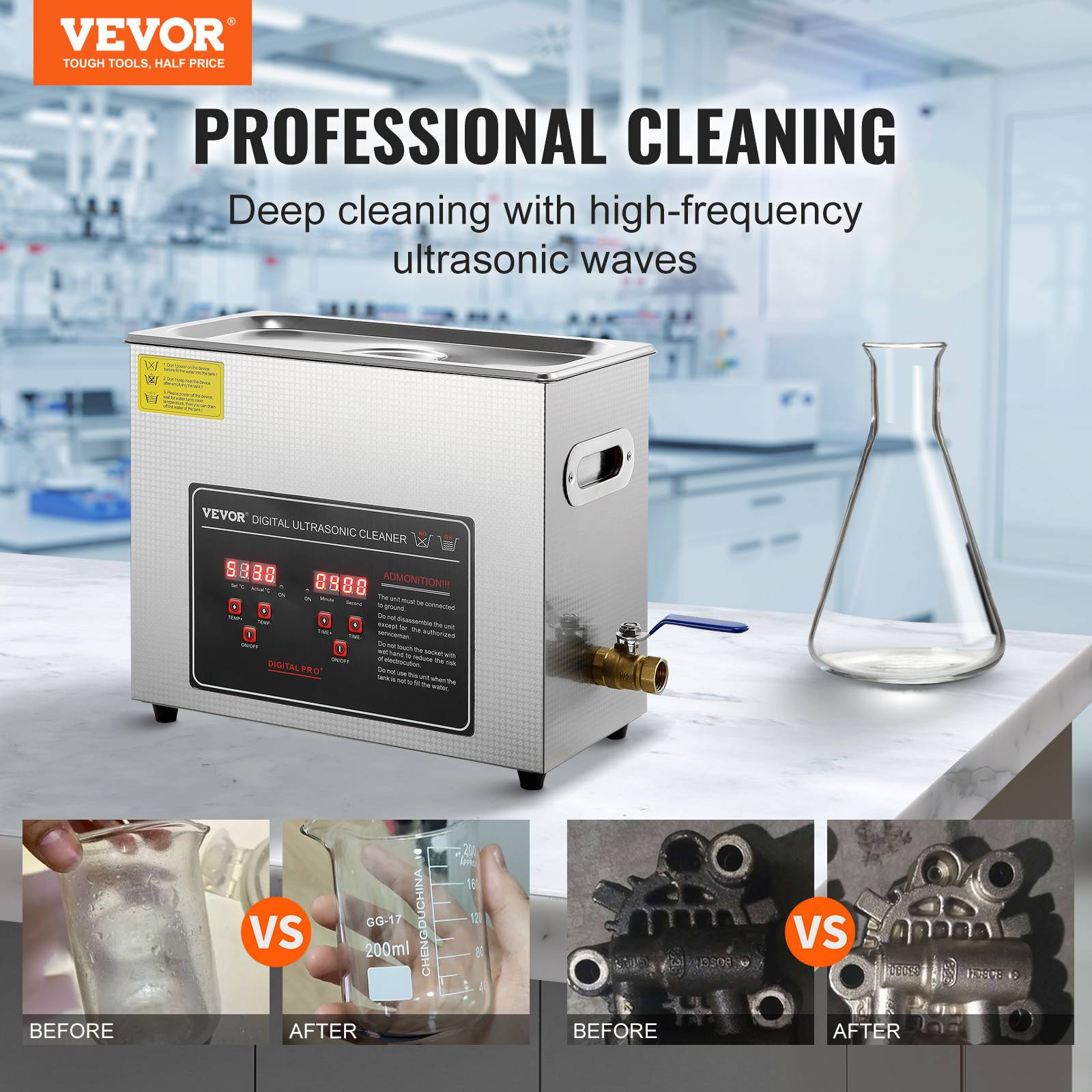 VEVOR Nettoyeur ultrasons 6L inox numérique, chauffage, réglable temps/température, labo/pro. - Image 2