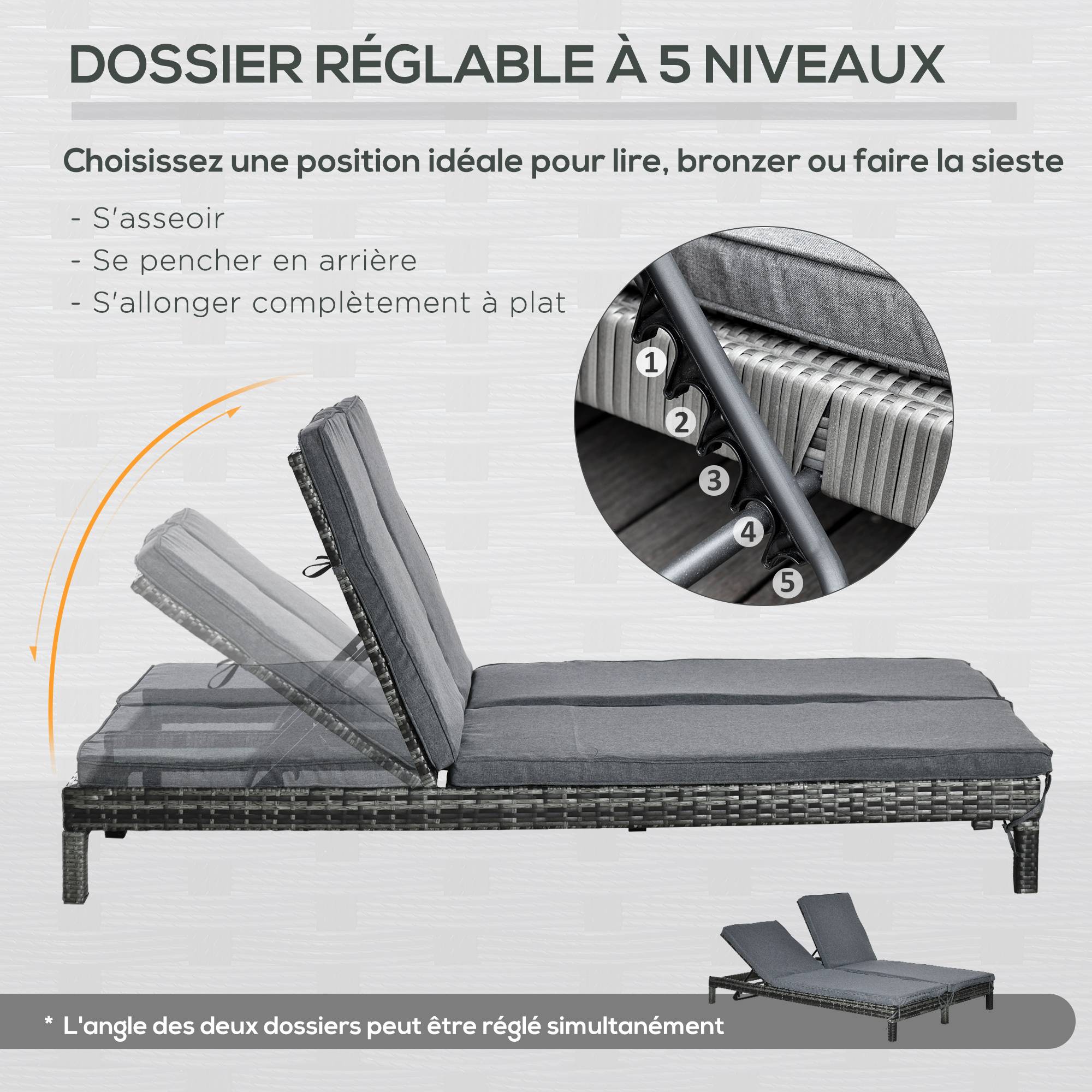 Outsunny - Bain de soleil transat 2 places - grand confort - dossier inclinable multi-positions - matelas fournis - résine tressée gris - Outsunny - Image 5