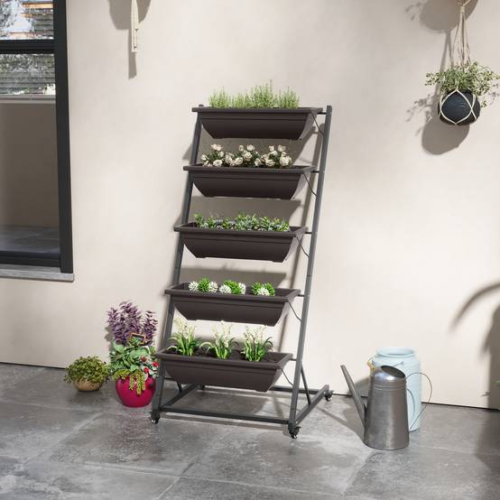 Support plantes 5 étages, 145 cm, roues, pots, étagère acier, brun - Image 4