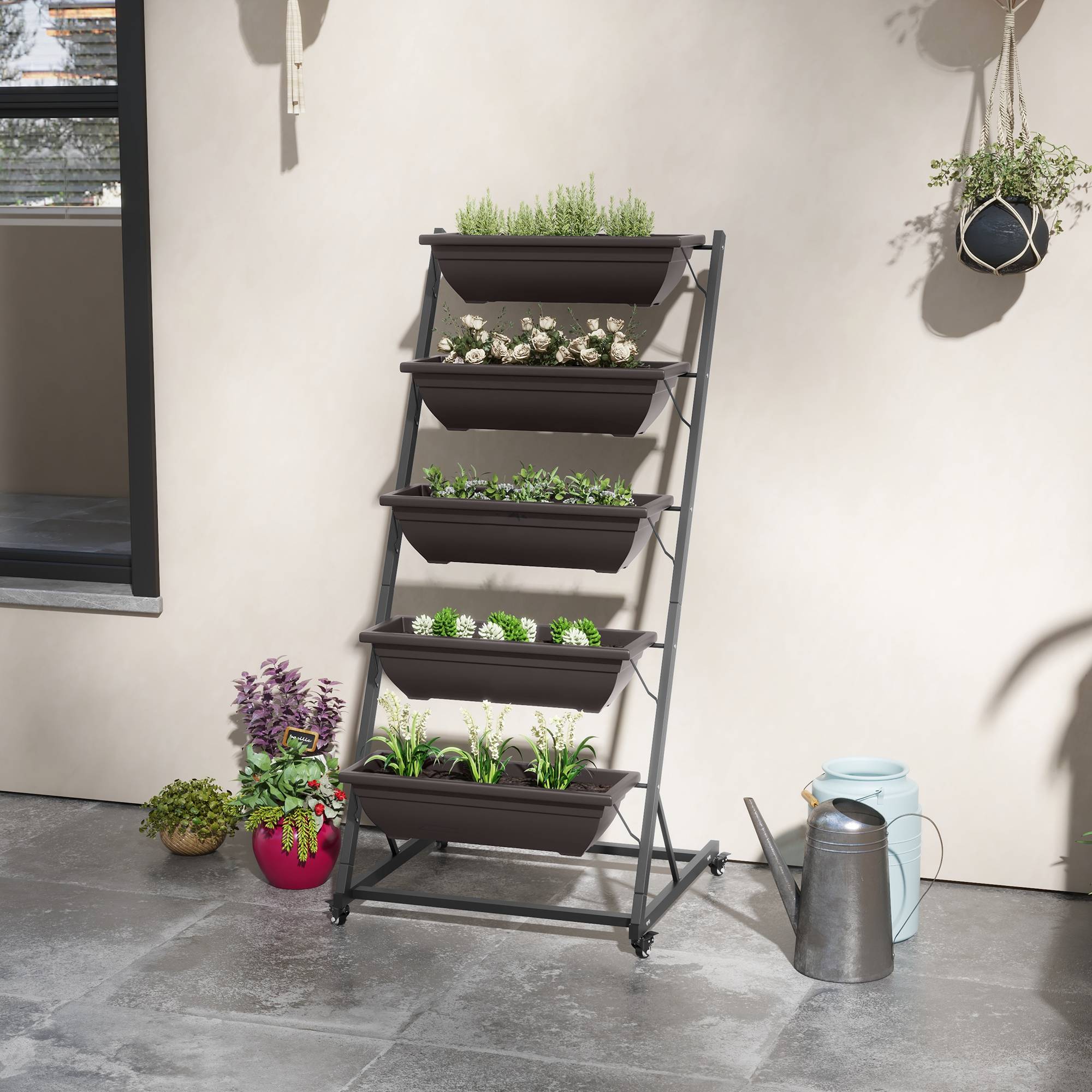 Support plantes 5 étages, 145 cm, roues, pots, étagère acier, brun - Image 4