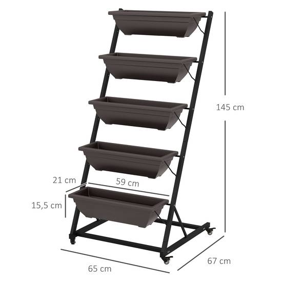 Support plantes 5 étages, 145 cm, roues, pots, étagère acier, brun - Image 5