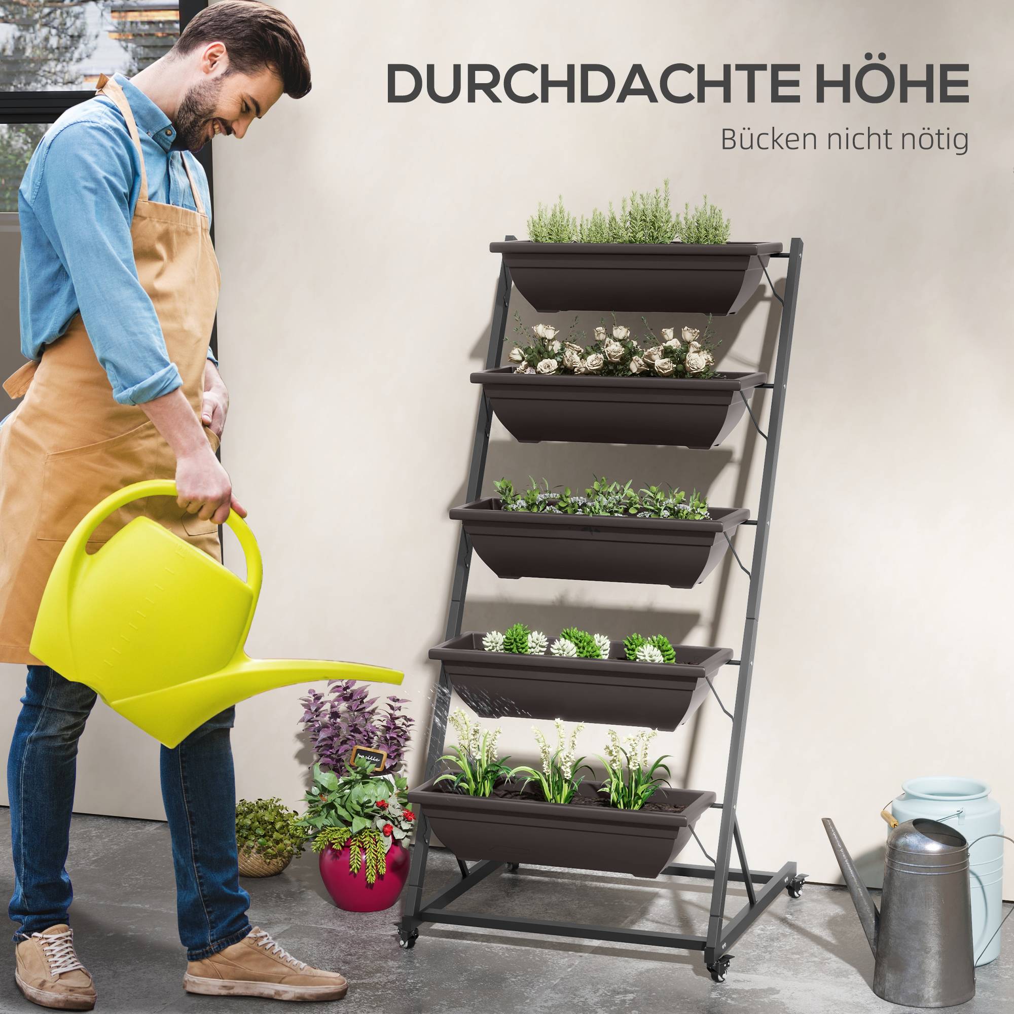 Support plantes 5 étages, 145 cm, roues, pots, étagère acier, brun - Image 7