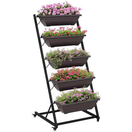 Support plantes 5 étages, 145 cm, roues, pots, étagère acier, brun - Image 1