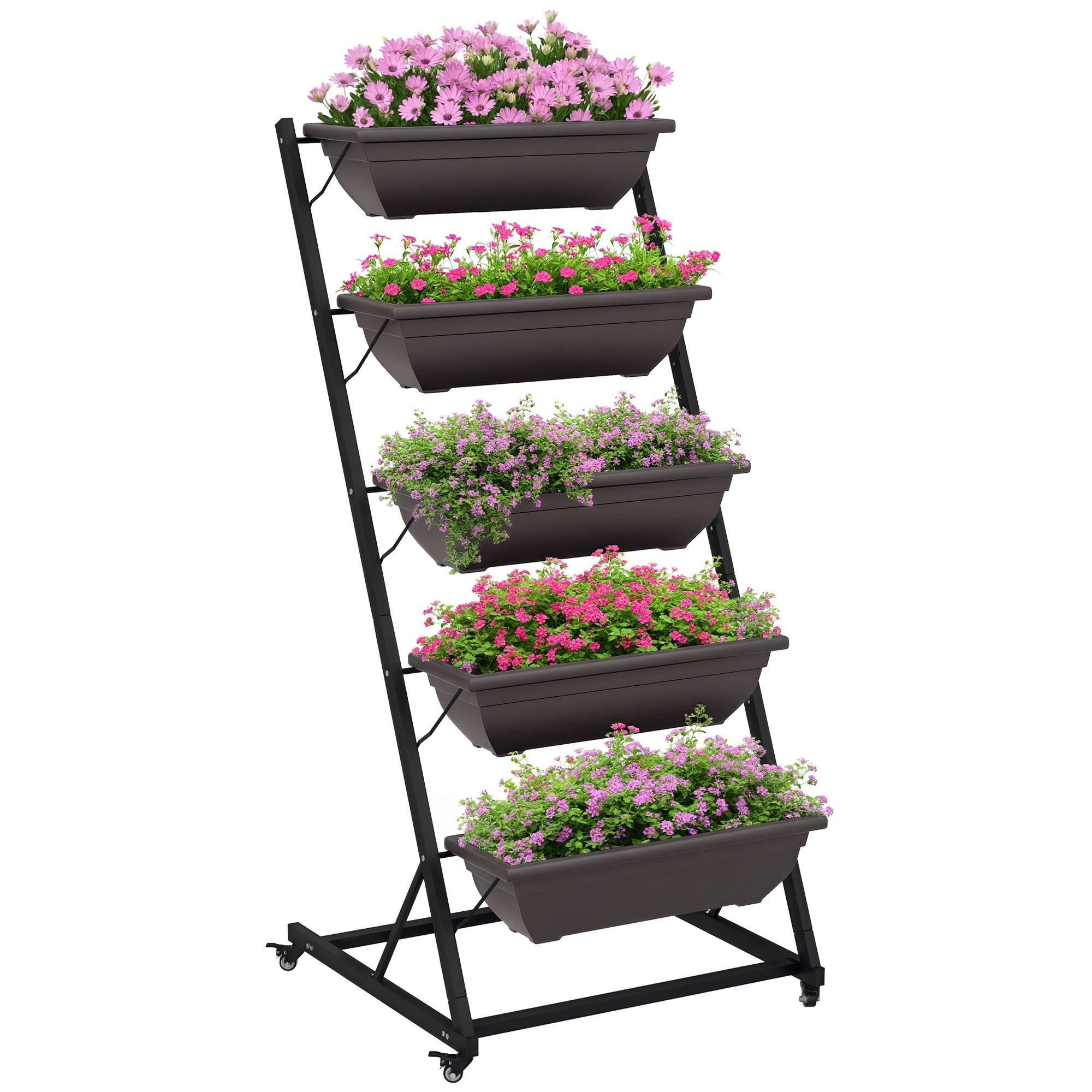 Support plantes 5 étages, 145 cm, roues, pots, étagère acier, brun - Image 1