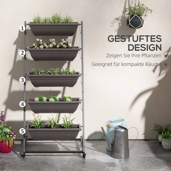 Support plantes 5 étages, 145 cm, roues, pots, étagère acier, brun - Image 6