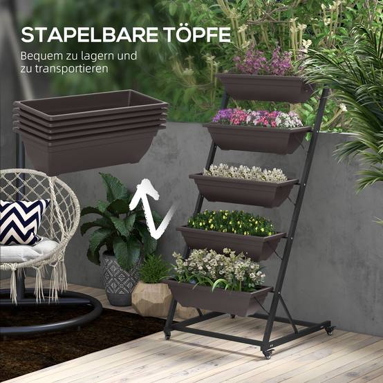 Support plantes 5 étages, 145 cm, roues, pots, étagère acier, brun - Image 10