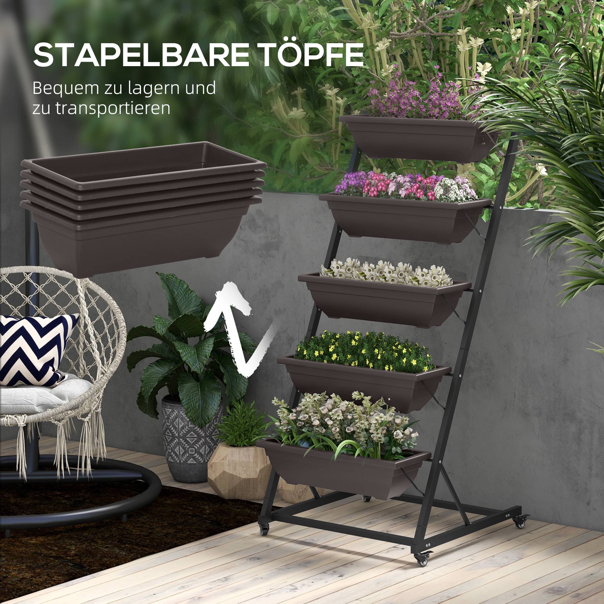 Support plantes 5 étages, 145 cm, roues, pots, étagère acier, brun - Image 10