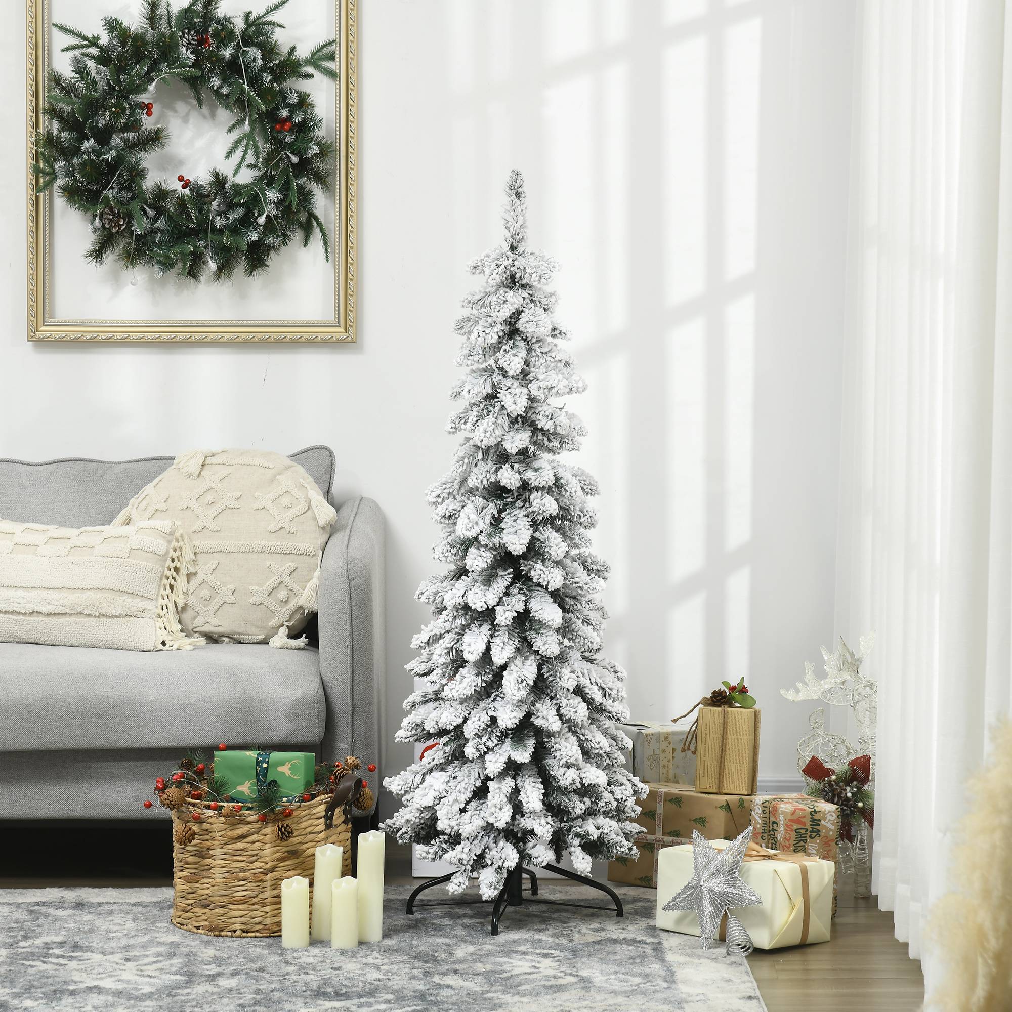 Sans Marque - Arbre Noël artificiel support acier 253 branches enneigées socle pliable 135 cm vert - Image 4