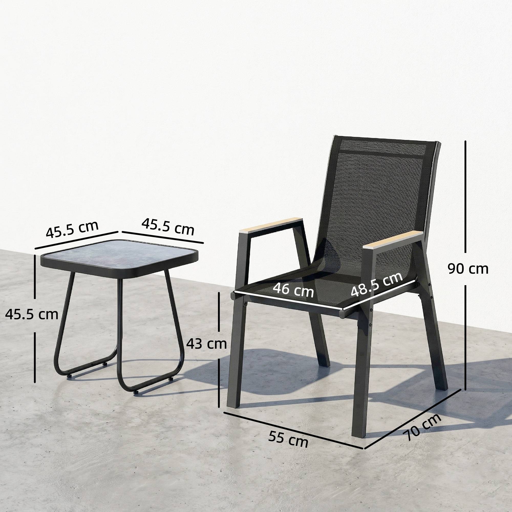 Ensemble extérieur 3 pcs, 2 chaises respirantes et table carrée métal DPC texteline noir - Image 5