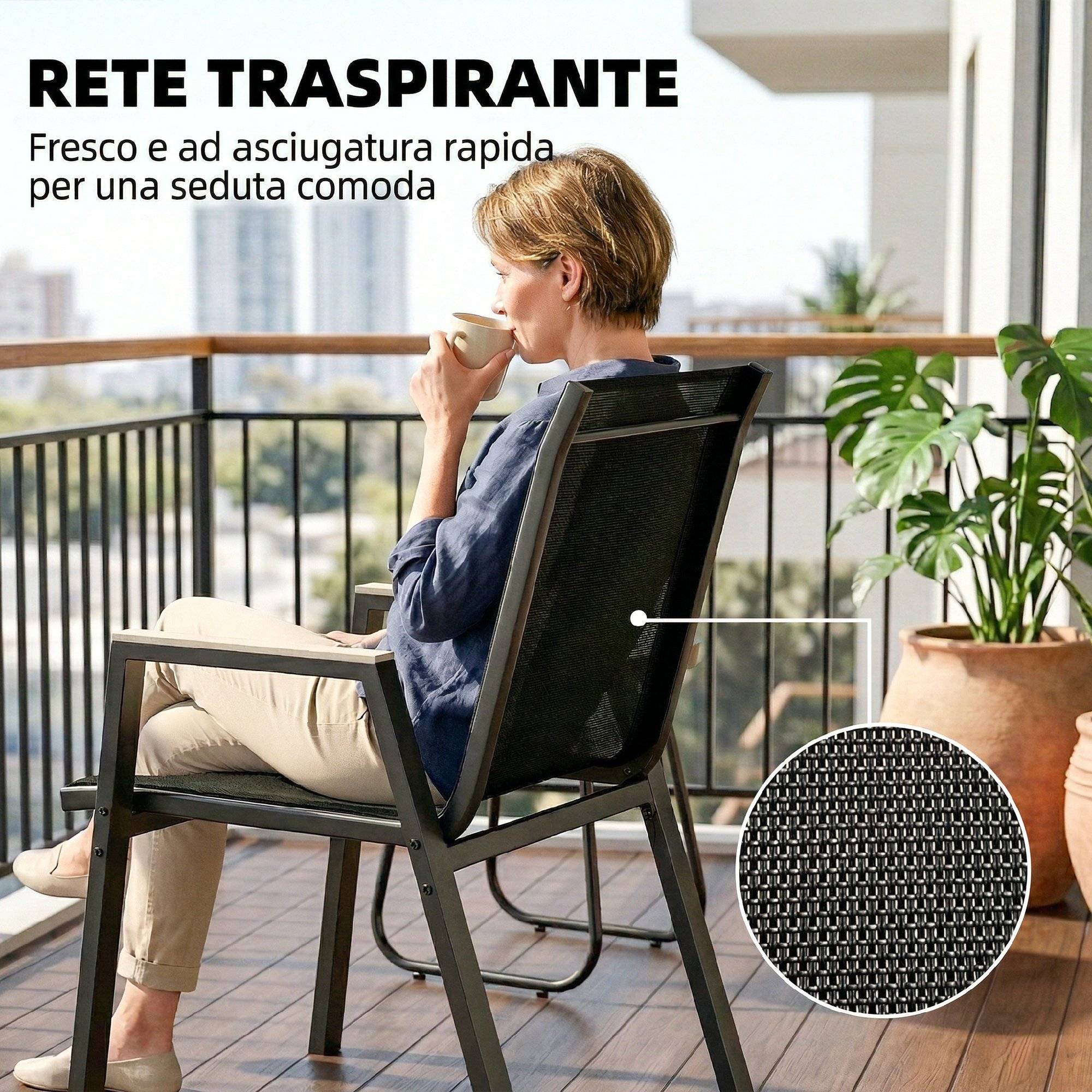 Ensemble extérieur 3 pcs, 2 chaises respirantes et table carrée métal DPC texteline noir - Image 7