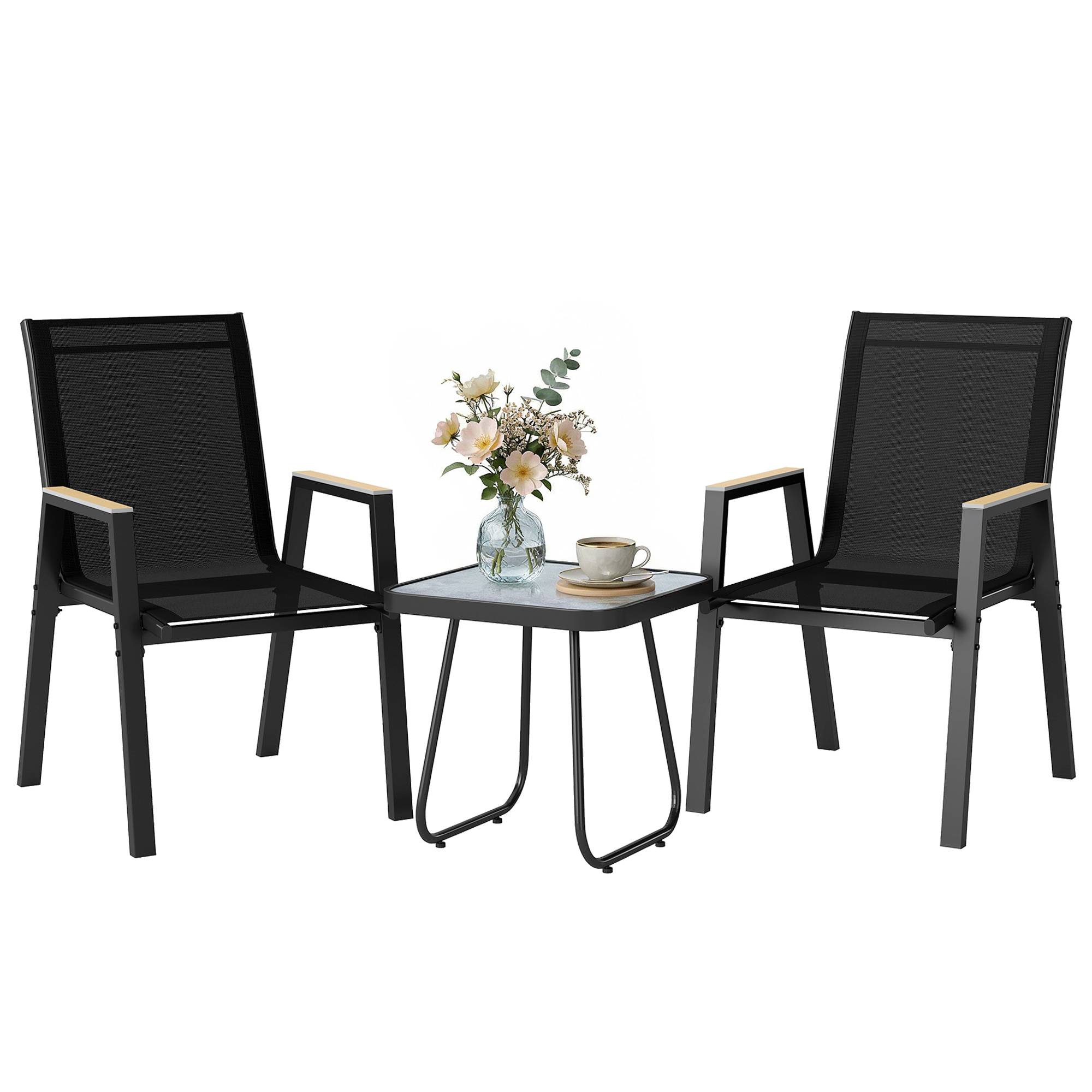 Ensemble extérieur 3 pcs, 2 chaises respirantes et table carrée métal DPC texteline noir - Image 1