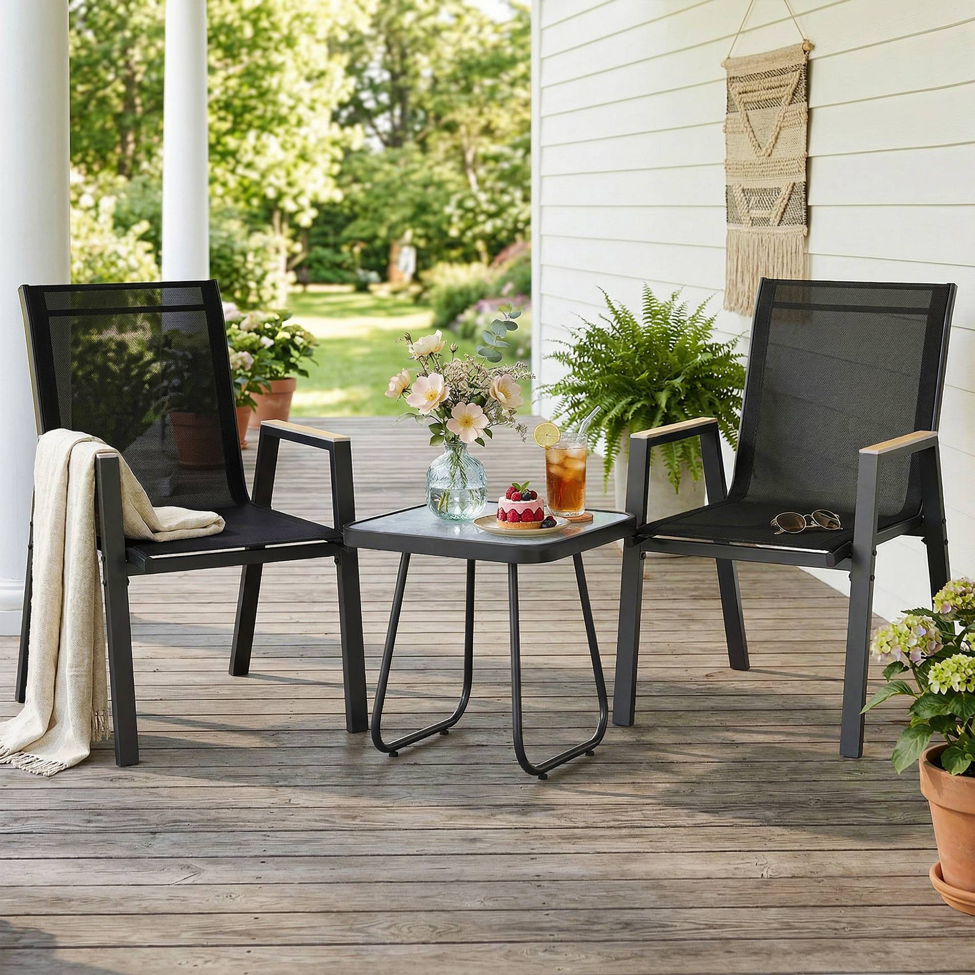 Ensemble extérieur 3 pcs, 2 chaises respirantes et table carrée métal DPC texteline noir - Image 3