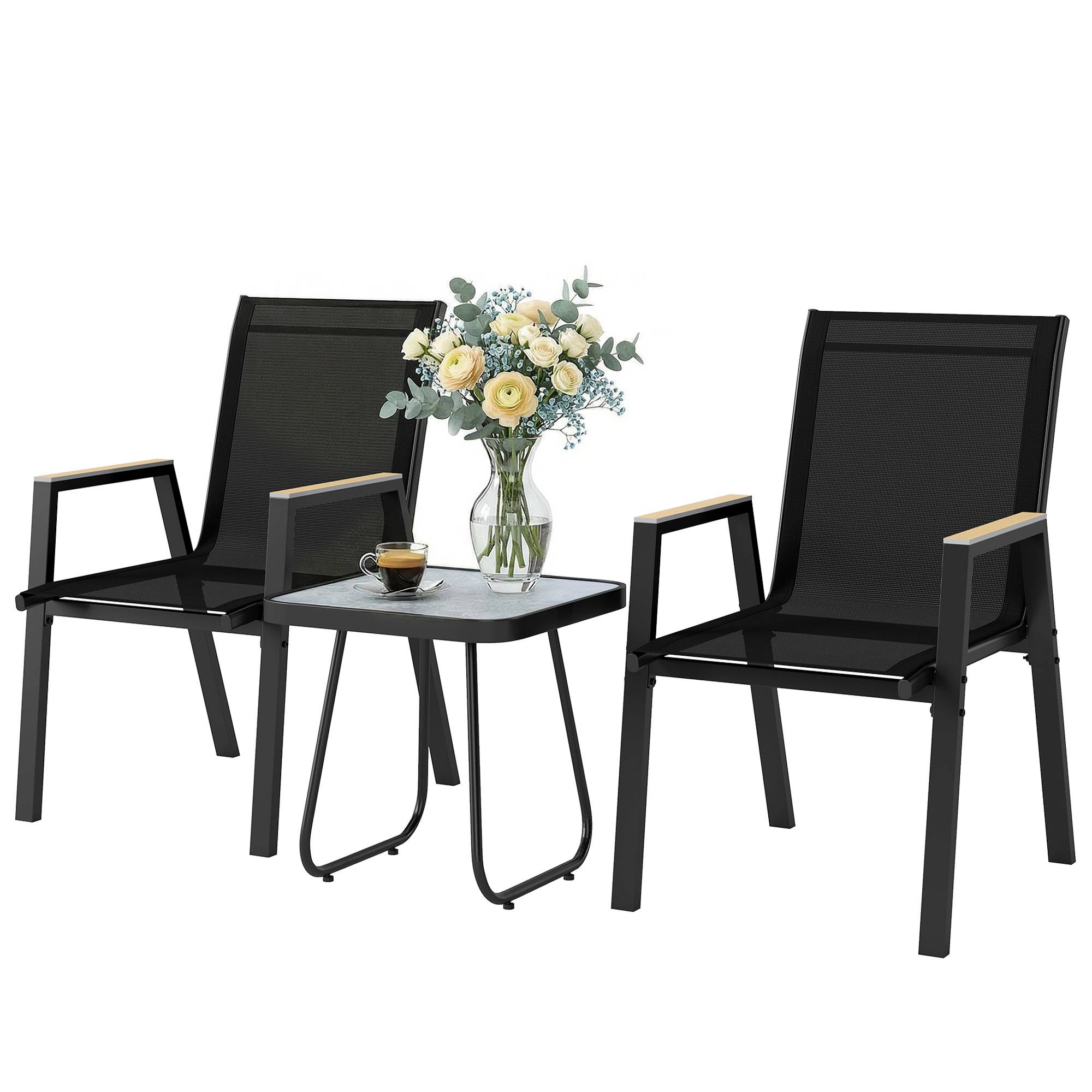 Ensemble extérieur 3 pcs, 2 chaises respirantes et table carrée métal DPC texteline noir - Image 2