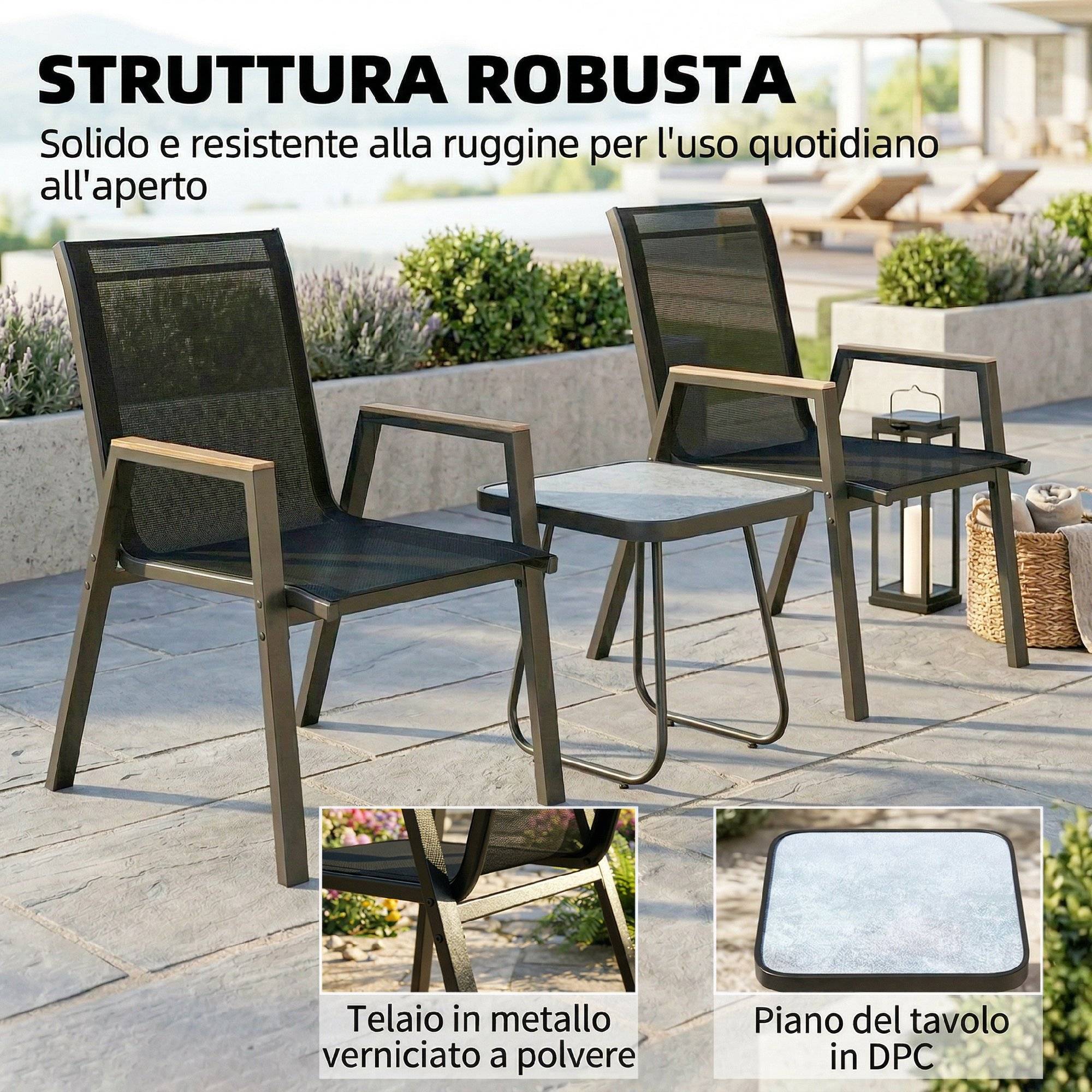 Ensemble extérieur 3 pcs, 2 chaises respirantes et table carrée métal DPC texteline noir - Image 6