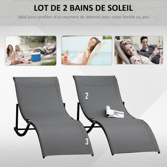 Lot de 2 bains de soleil pliables, chaise longue jardin extérieur aluminium et textilène anthracite - Image 6