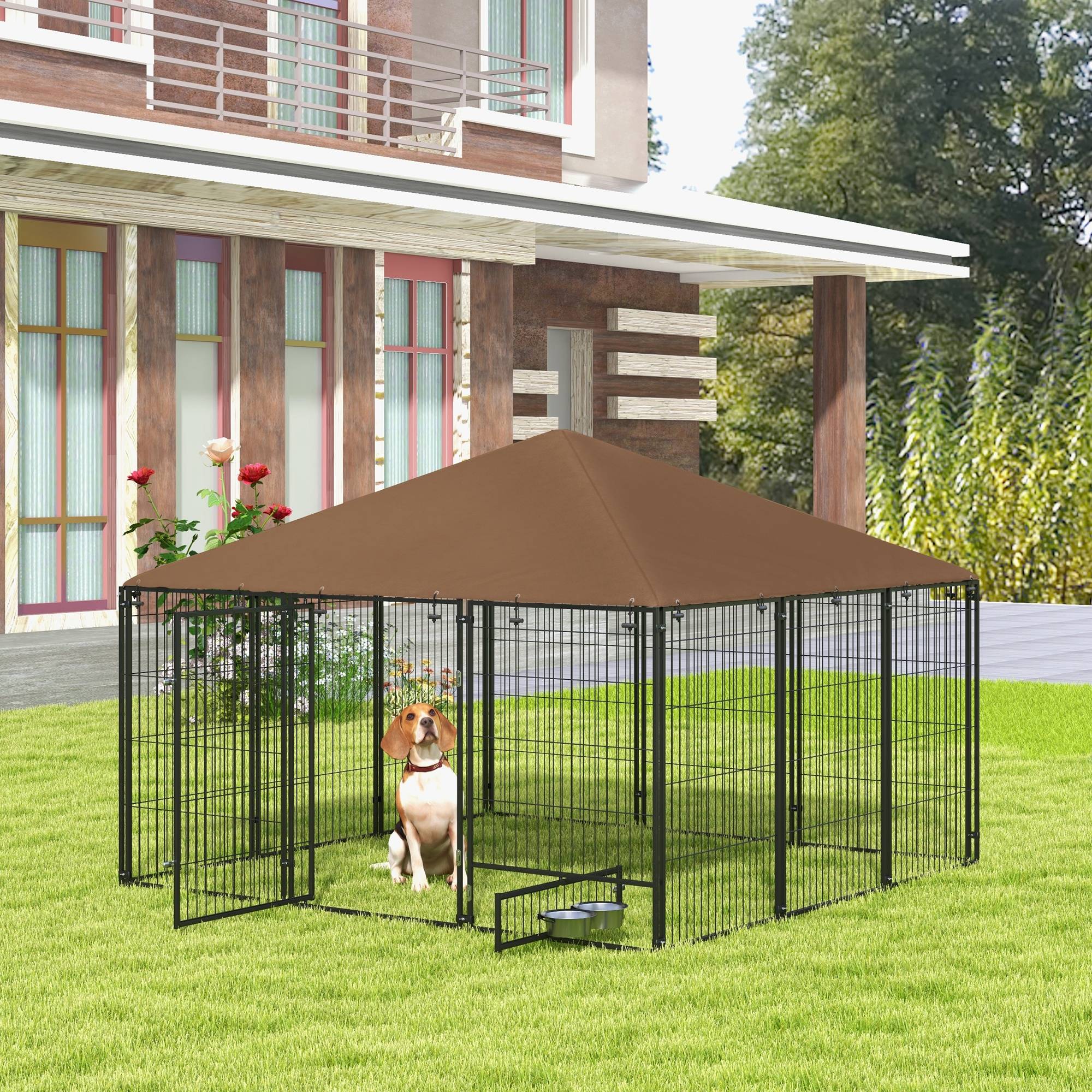 Sans Marque - Chenil extérieur pour chiens en acier et tissu Oxford avec support gamelle toit 211 x 211 x 151 cm noir et café - Image 3