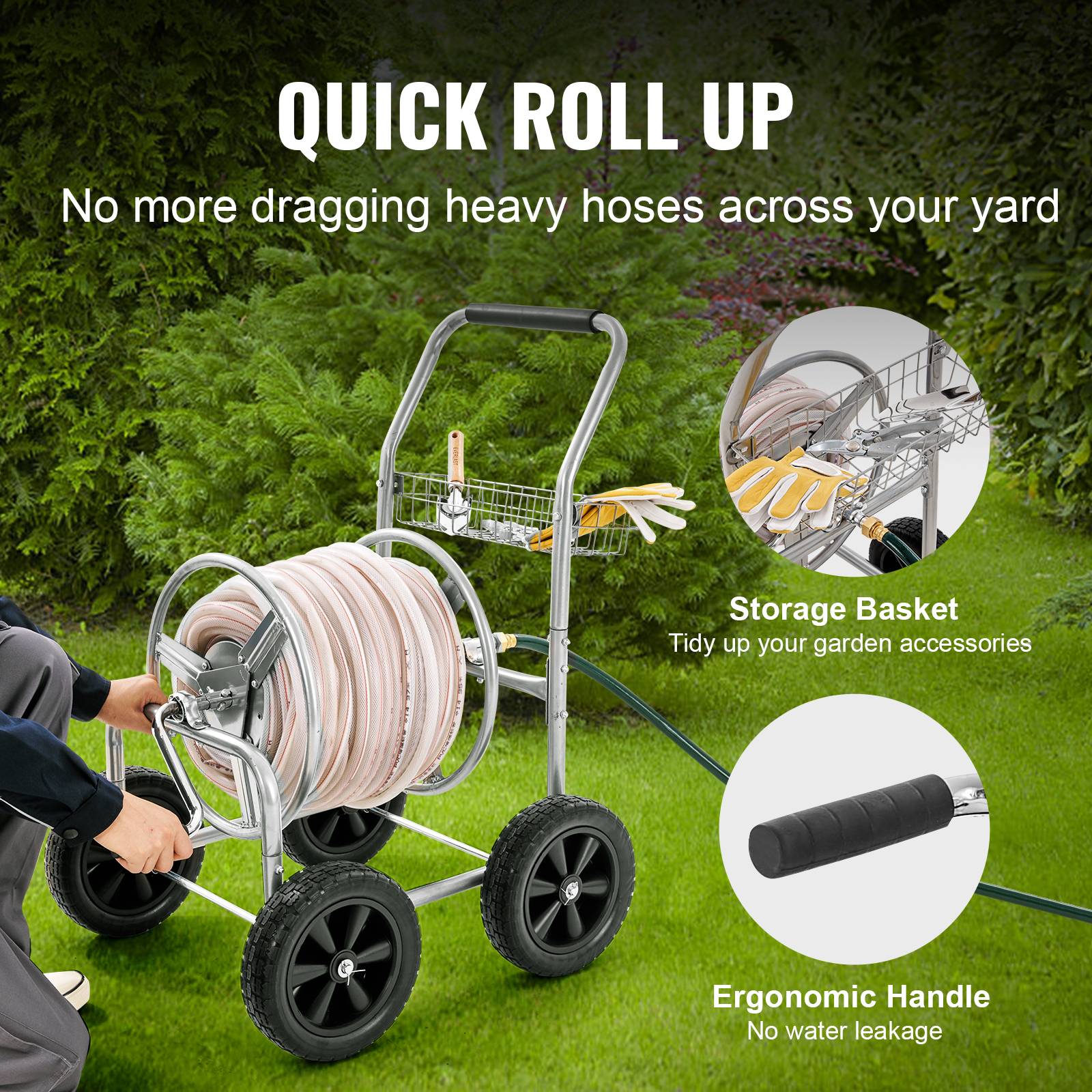 VEVOR Chariot enrouleur tuyau, capacité eau 1,5 cm et 76 m, 4 roues. Acier, panier rangement, jardin. - Image 4