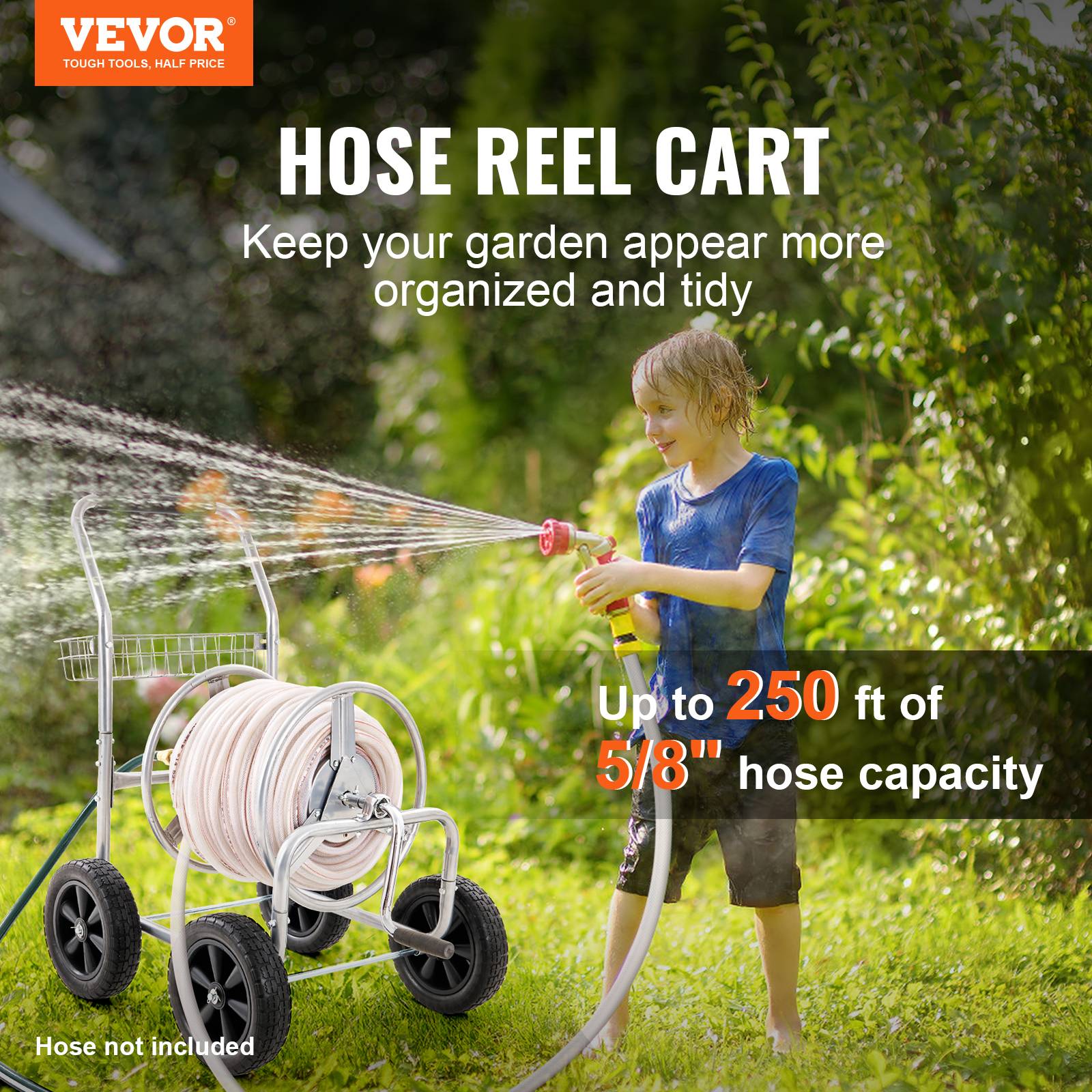 VEVOR Chariot enrouleur tuyau, capacité eau 1,5 cm et 76 m, 4 roues. Acier, panier rangement, jardin. - Image 2