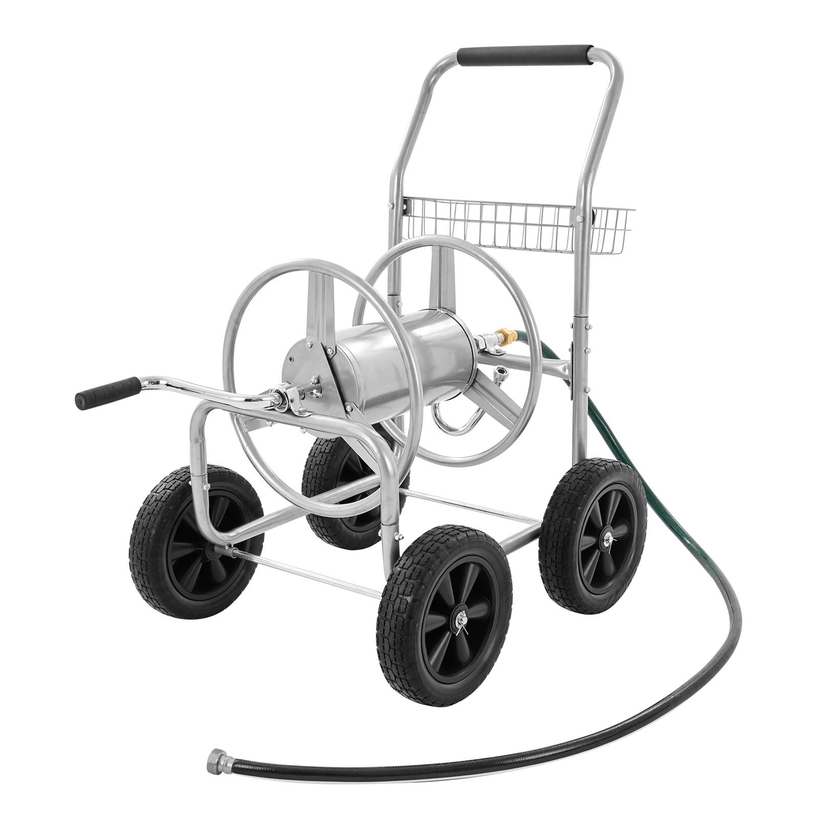 VEVOR Chariot enrouleur tuyau, capacité eau 1,5 cm et 76 m, 4 roues. Acier, panier rangement, jardin. - Image 1