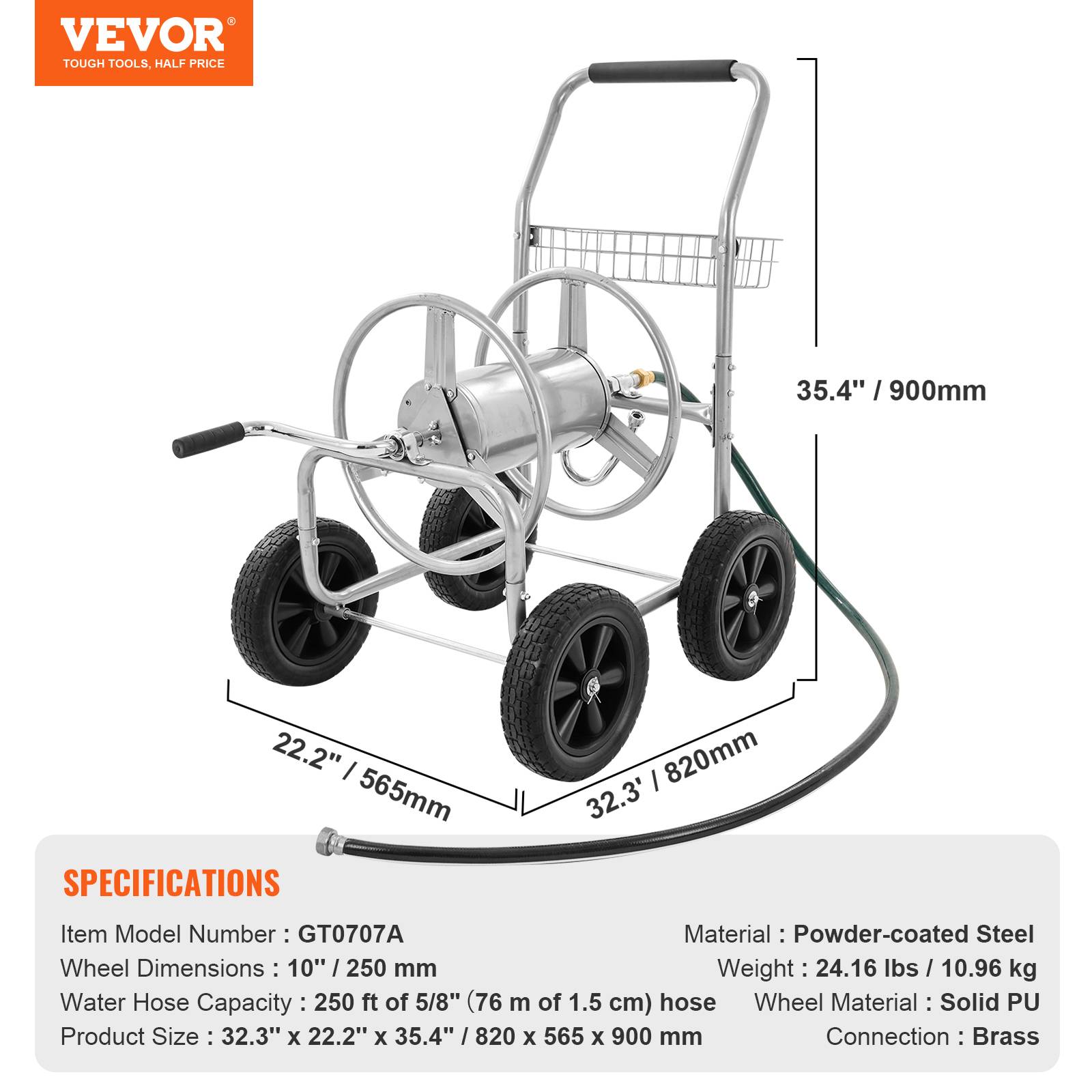 VEVOR Chariot enrouleur tuyau, capacité eau 1,5 cm et 76 m, 4 roues. Acier, panier rangement, jardin. - Image 7