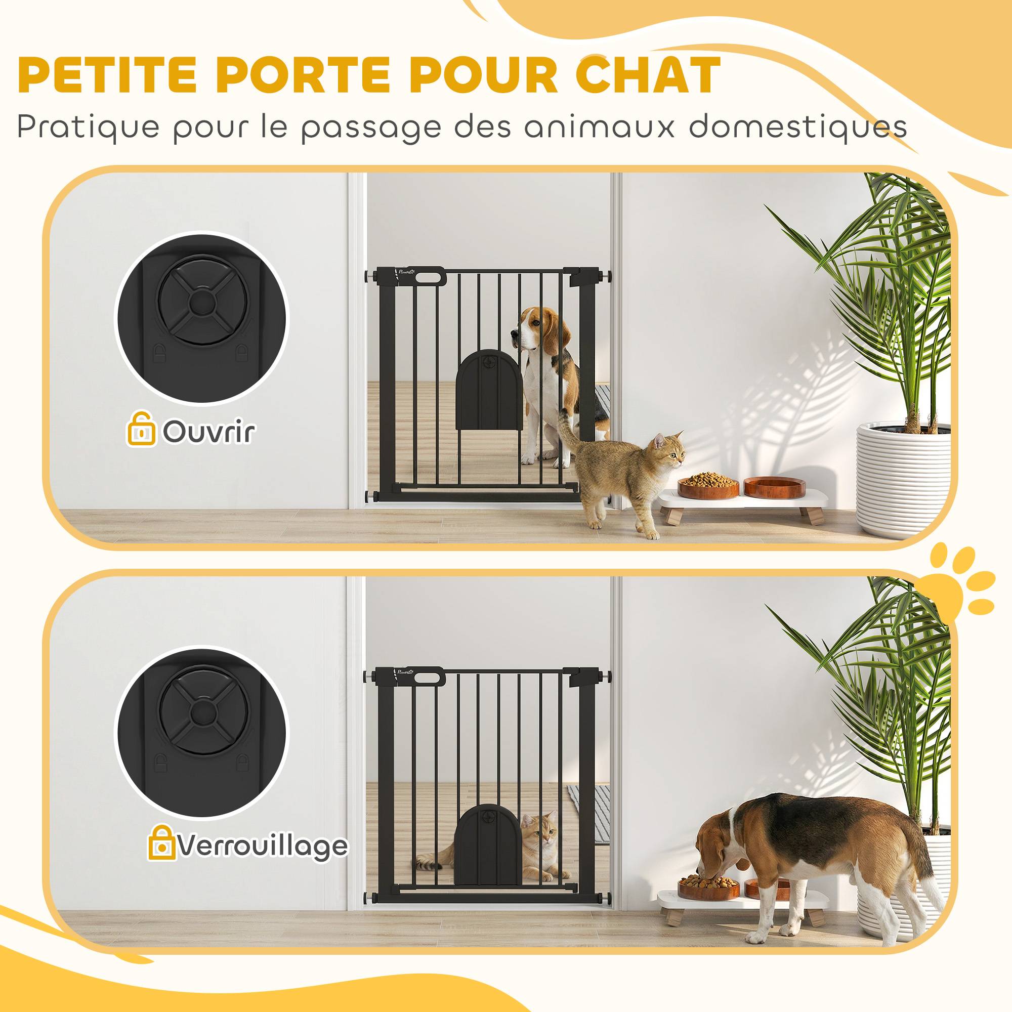 Barrière de sécurité acier animaux maison porte chat fermeture auto 82x76cm noir - ComfortXL Outdoor Living - Image 8